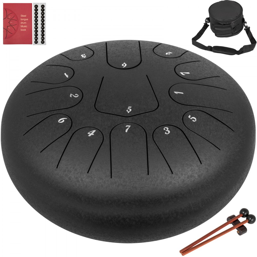 Steel Drum 13 Notes Percussion Instrument 12 Inches Tongue Drum, Steel Tongue Drum, Steel Drums Instruments With Bag, Book, Mallets, Mallet Bracket, Hang Pan Drum Instrument, Black