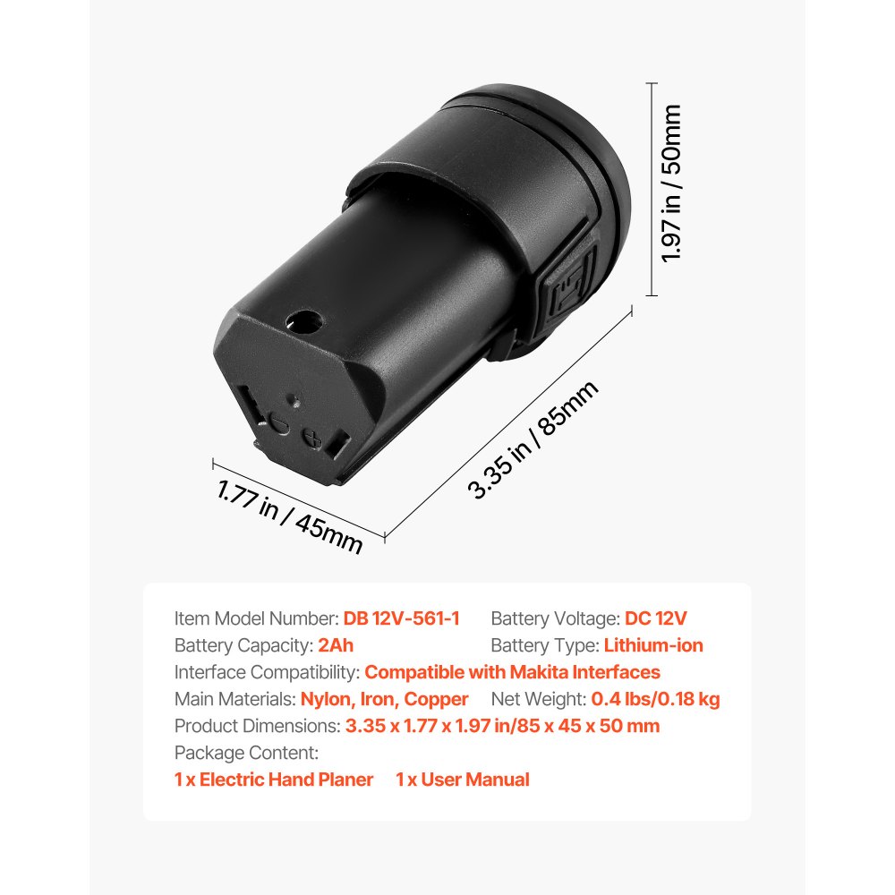VEVOR Lithium-Ion Battery, 12V 2Ah, Portable Lithium Battery Pack Replacement, with Universal Adapter, Easy to Carry, Compatible with Makita Interfaces, VEVOR Cordless Electric Hand Planer, 1-Pack