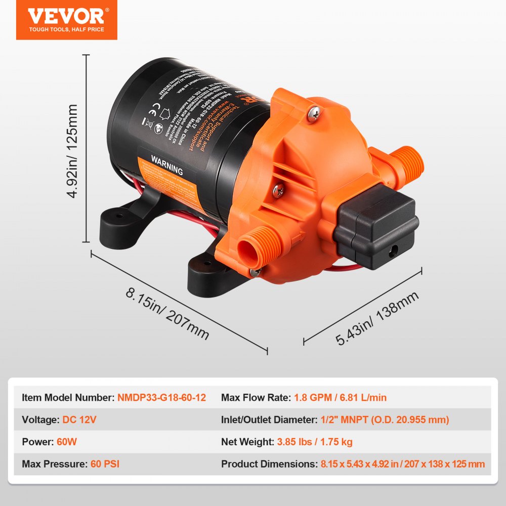 VEVOR 12V membraanpomp, 6,81 l/min, 3-kamer DC-waterpomp met automatische drukschakelaar, 40-100 psi instelbaar, 60 psi, 1/2" MNPT-aansluiting, voor campers, jachten, foodtrucks, campers en boten