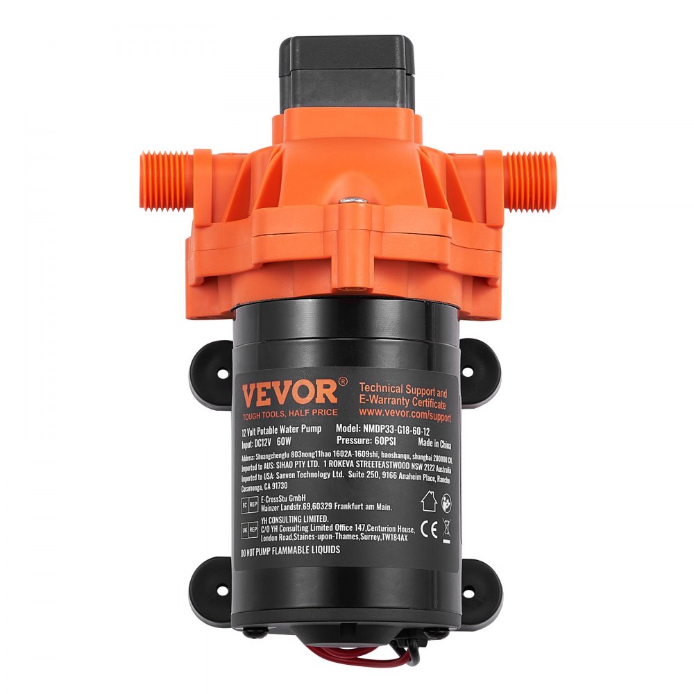 VEVOR 12V membraanpomp, 6,81 l/min, 3-kamer DC-waterpomp met automatische drukschakelaar, 40-100 psi instelbaar, 60 psi, 1/2" MNPT-aansluiting, voor campers, jachten, foodtrucks, campers en boten