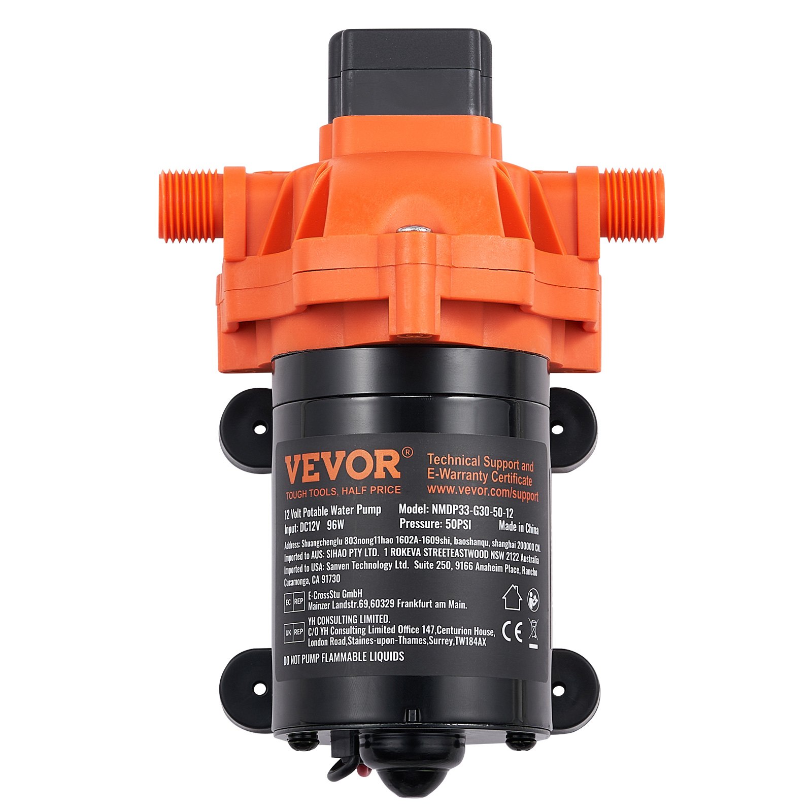 VEVOR 12V membraanpomp, 11,36 l/min, 3-kamer DC-waterpomp met automatische drukschakelaar, 40-100 psi instelbaar, 50 psi, 1/2" MNPT-aansluiting, voor campers, jachten, foodtrucks, campers en boten