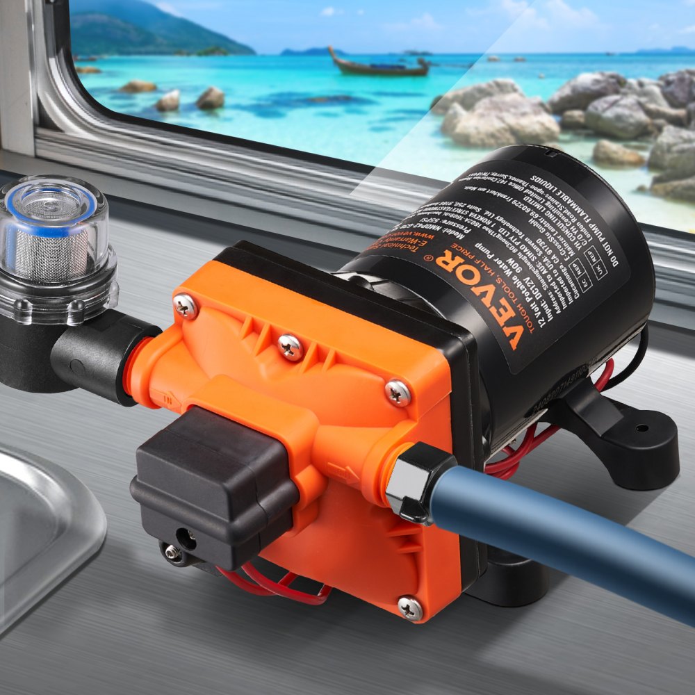 VEVOR 12V membraanpomp, 11,36 l/min, 4-kamer DC-waterpomp met automatische drukschakelaar, 40-100 PSI instelbaar, 55 PSI, 1/2" MNPT-aansluiting, voor campers, jachten, foodtrucks, campers en boten