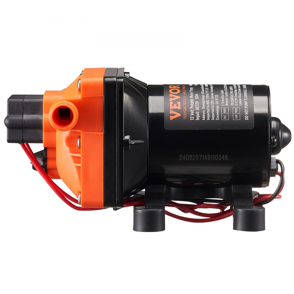 VEVOR 12V membraanpomp, 11,36 l/min, 4-kamer DC-waterpomp met automatische drukschakelaar, 40-100 PSI instelbaar, 55 PSI, 1/2" MNPT-aansluiting, voor campers, jachten, foodtrucks, campers en boten