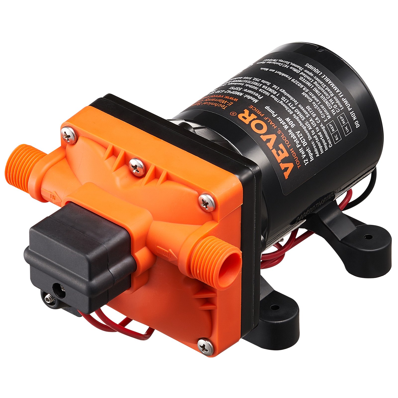 VEVOR 12V membraanpomp, 11,36 l/min, 4-kamer DC-waterpomp met automatische drukschakelaar, 40-100 PSI instelbaar, 55 PSI, 1/2" MNPT-aansluiting, voor campers, jachten, foodtrucks, campers en boten