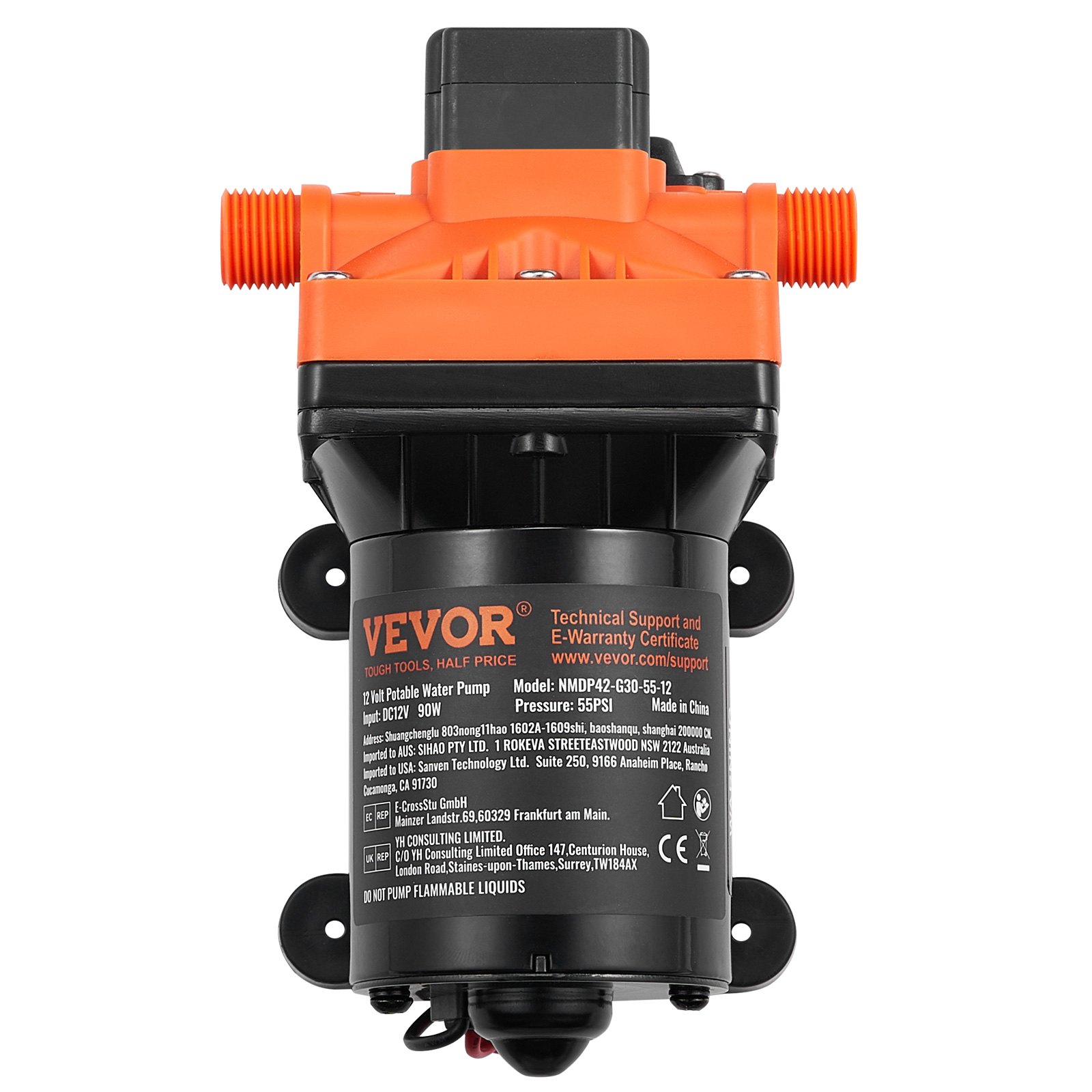 VEVOR 12V membraanpomp, 11,36 l/min, 4-kamer DC-waterpomp met automatische drukschakelaar, 40-100 PSI instelbaar, 55 PSI, 1/2" MNPT-aansluiting, voor campers, jachten, foodtrucks, campers en boten
