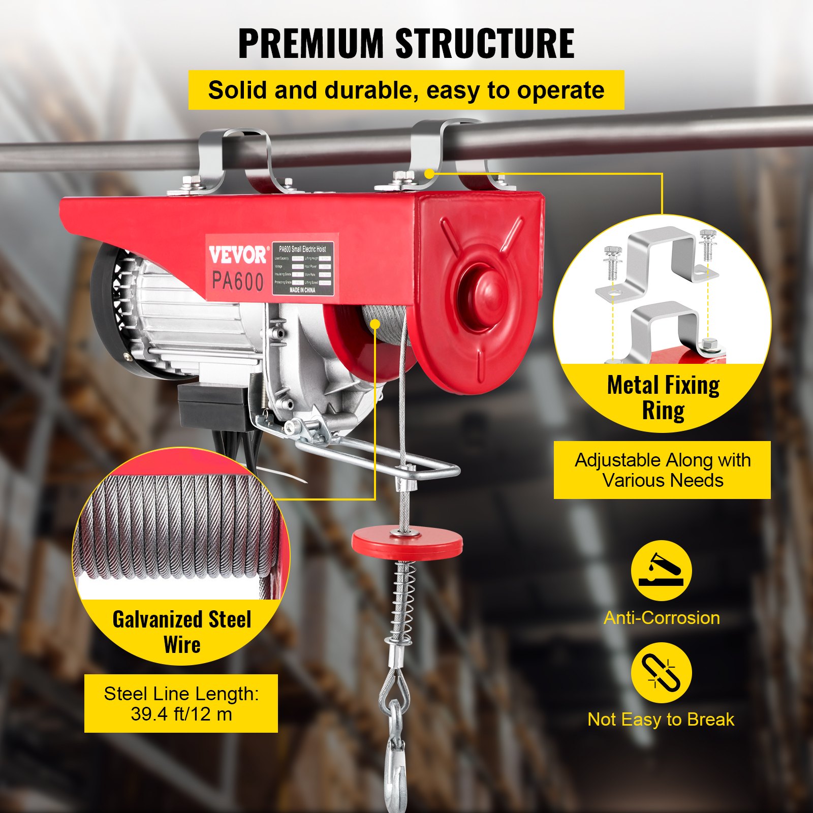 VEVOR 600KG/1320LBS Electric Hoist Scaffold Winch Lifting Crane Pulley Scaffolding Lift Hook, 220V Mini Electric Hoist with Air Socket, Remote Control Garage Auto Shop Overhead Lift
