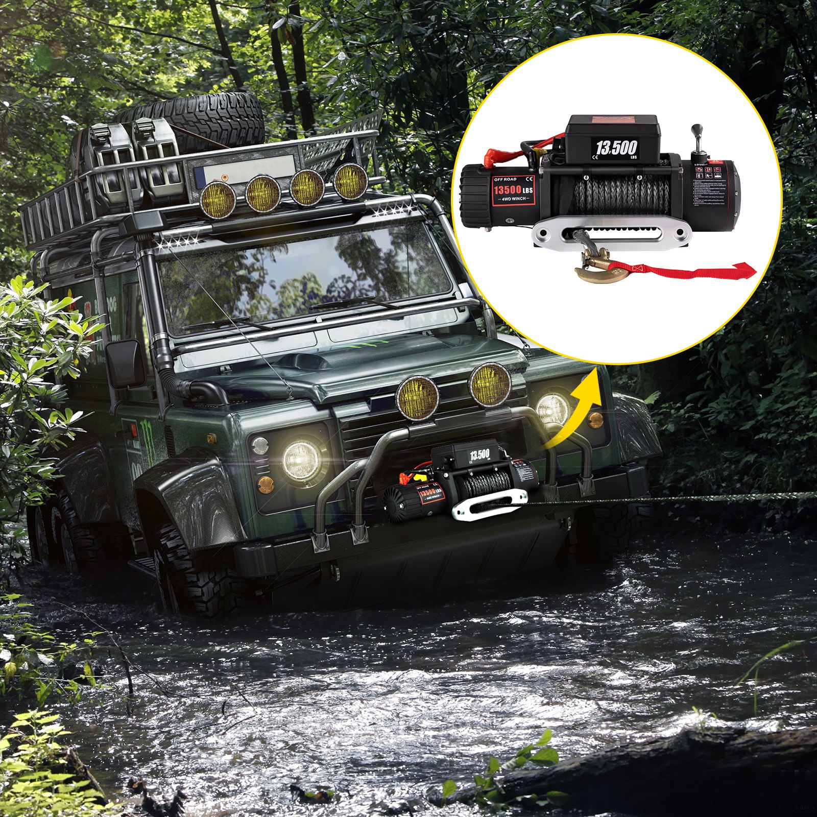 VEVOR Elektrische Lier elektrische bergingslier Kabel Lier 12V Winch 13500LB Heavy Duty 4x4 synthetisch touw