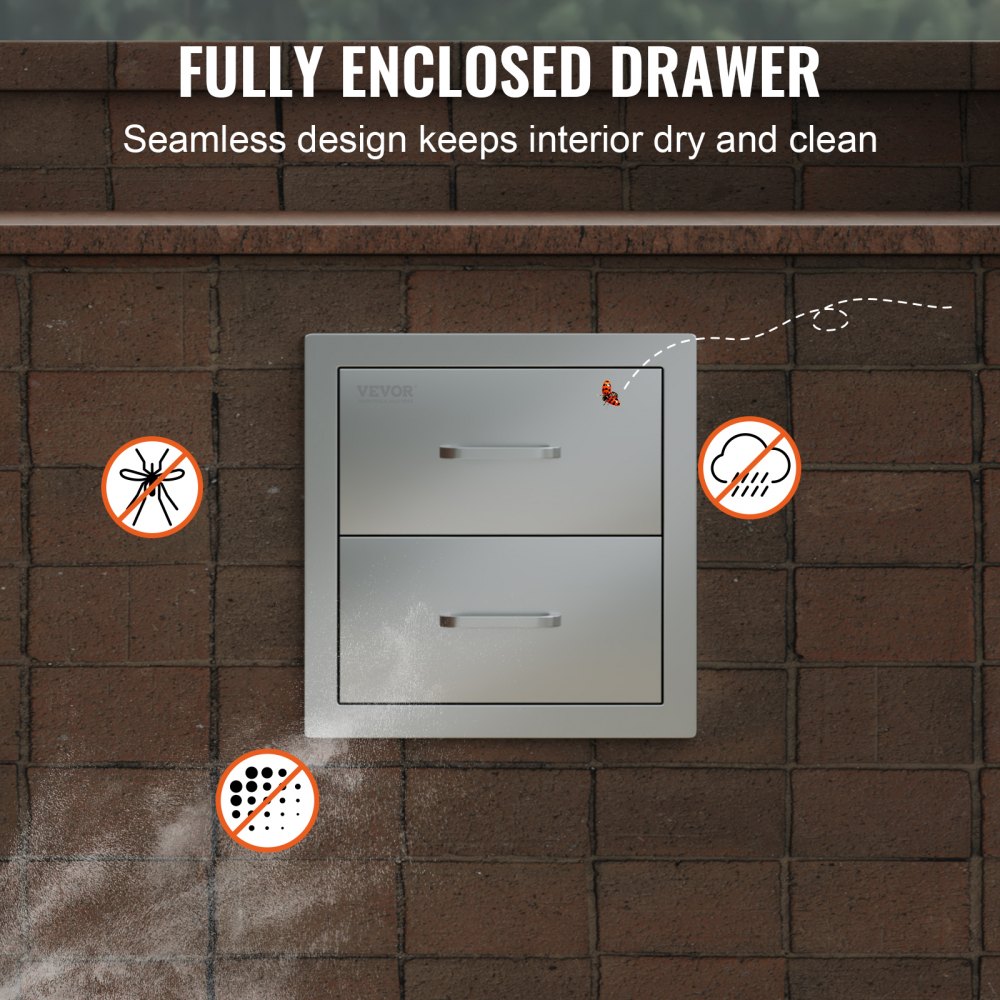 VEVOR Outdoor Kitchen Drawer 14 x 14.37 x 23 Inch Stainless Steel BBQ Island Storage Drawer BBQ Door Triple Drawer Storage with Chrome Handle Flush Mount Sliver