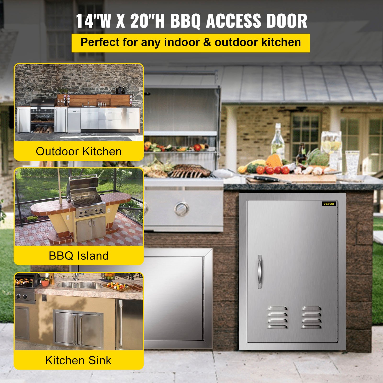 BuoQua Outdoor BBQ Door BBQ Vertical Access Door 14 x 20 Inch BBQ Door with Vent Single Access Door Stainless steel Island Door single door for Outdoor Kitchen