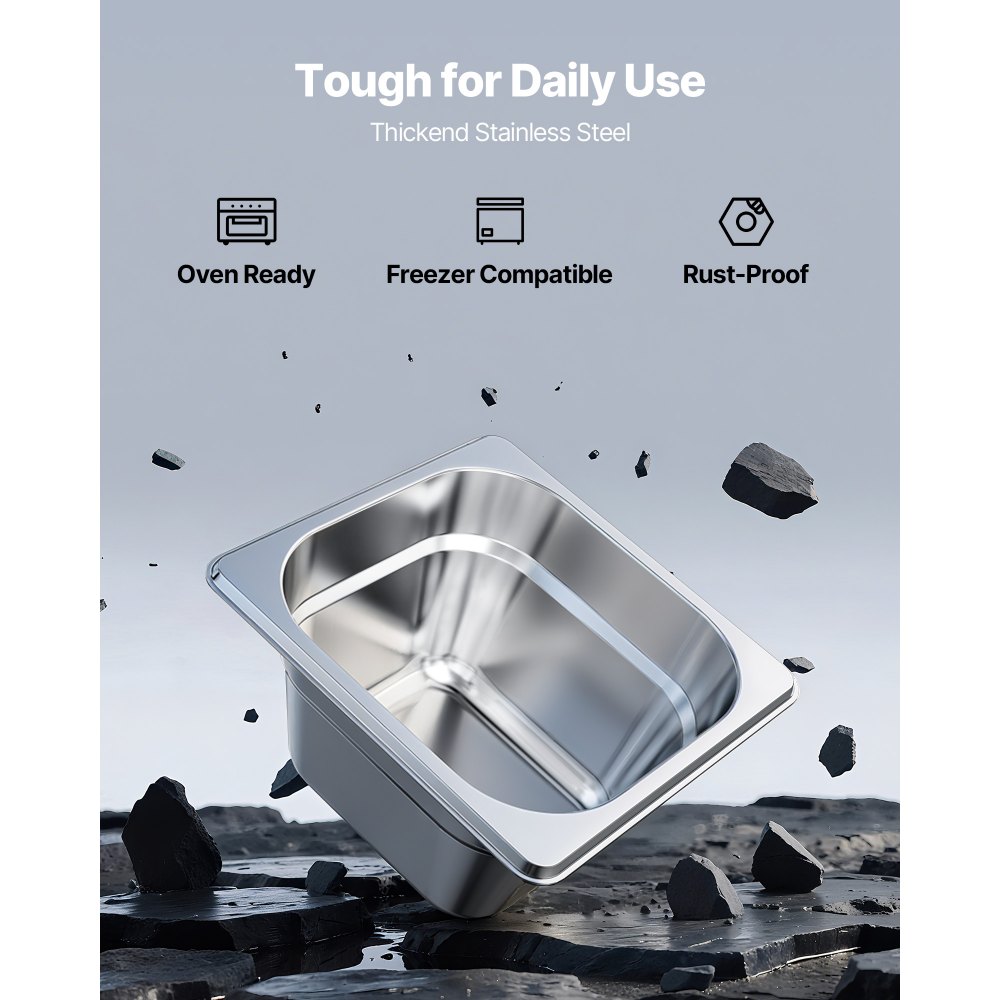 VEVOR Gastronormbak Hotelpan (1/6 maat) 6-pack 1,7 l, herbruikbare bakjes (10 cm diep), roestvrijstalen cateringopslag, paneermeelbak, voedselcontainer voor feestrestaurantbuffet