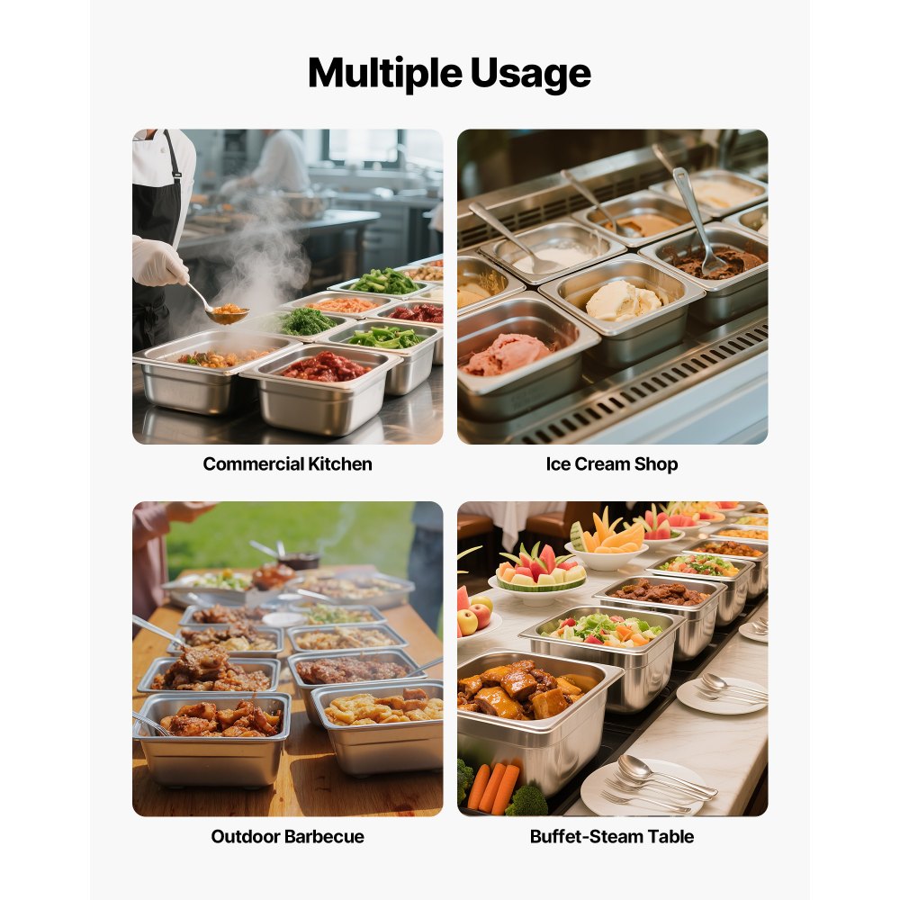 VEVOR Gastronormbak Hotelpan (1/6 maat) 6-pack 1,7 l, herbruikbare bakjes (10 cm diep), roestvrijstalen cateringopslag, paneermeelbak, voedselcontainer voor feestrestaurantbuffet