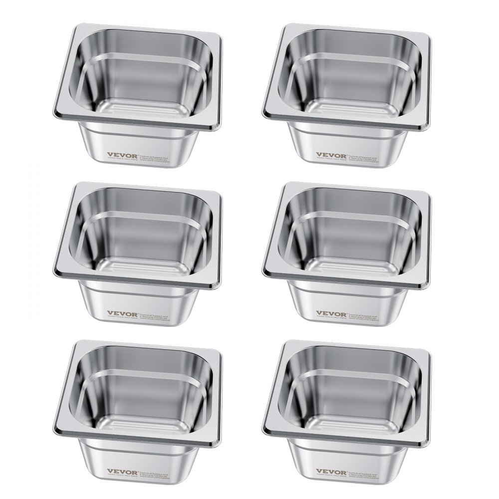 VEVOR Gastronormbak Hotelpan (1/6 maat) 6-pack 1,7 l, herbruikbare bakjes (10 cm diep), roestvrijstalen cateringopslag, paneermeelbak, voedselcontainer voor feestrestaurantbuffet