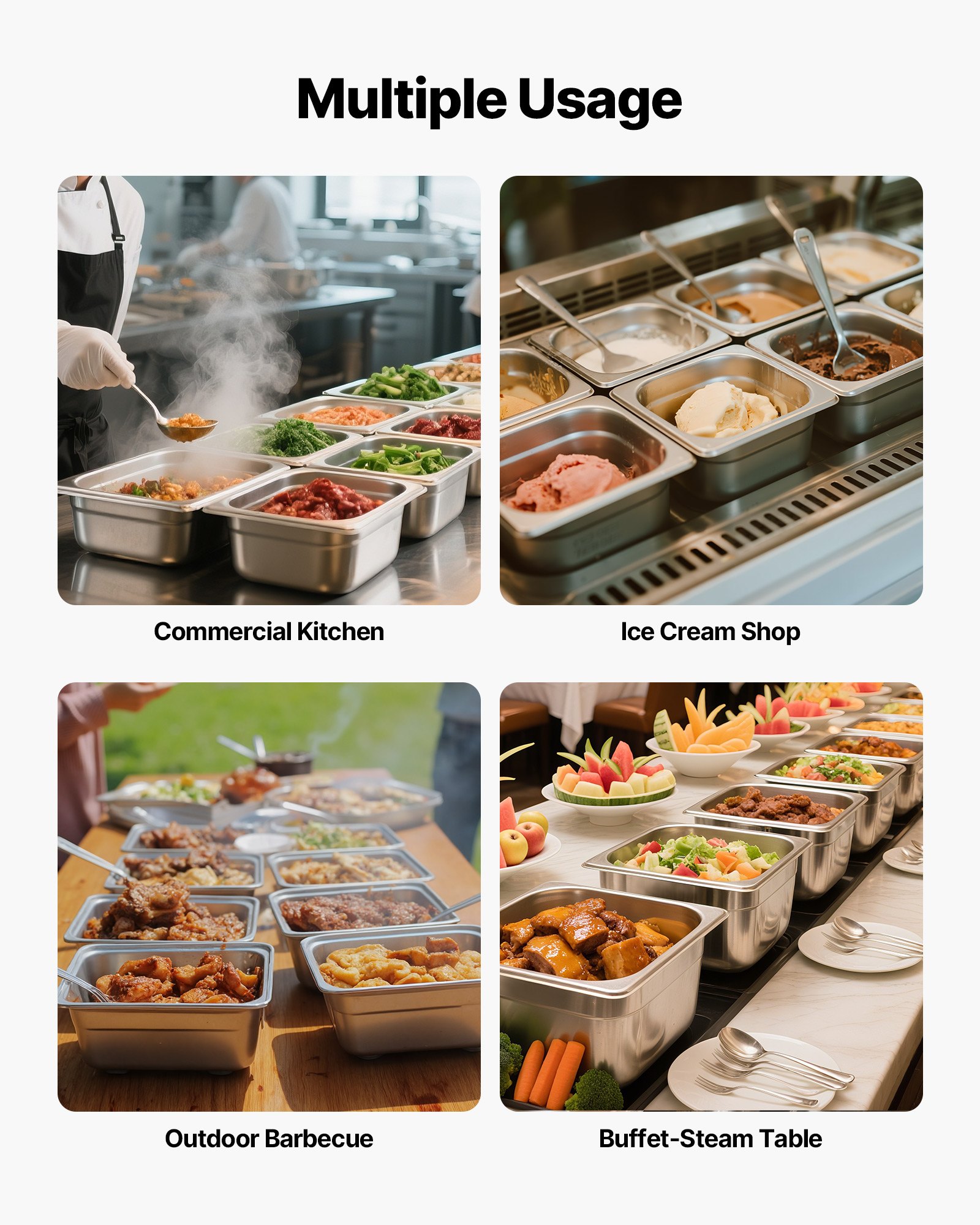 VEVOR Gastronormbak Hotelpan (1/6 maat) 6-pack 1,7 l, herbruikbare bakjes (10 cm diep), roestvrijstalen cateringopslag, paneermeelbak, voedselcontainer voor feestrestaurantbuffet