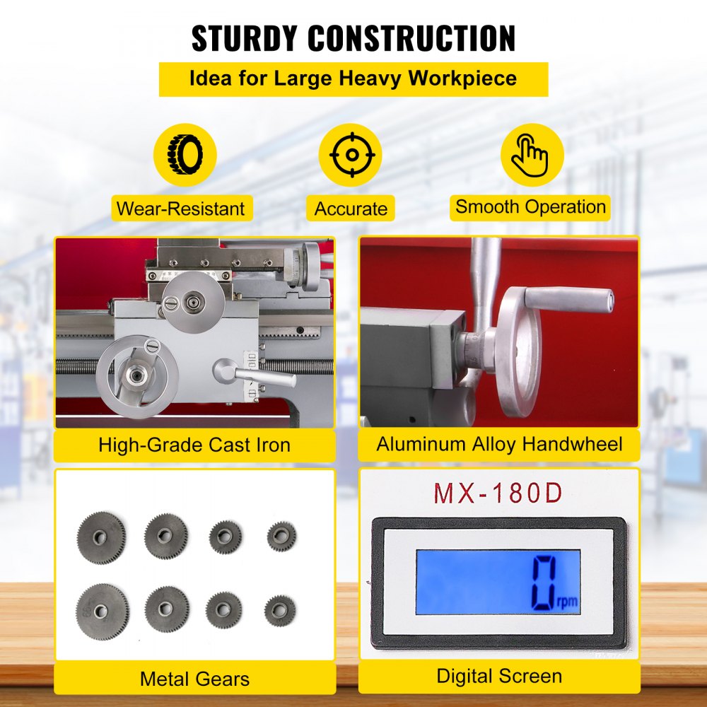 VEVOR Mini-draaibank 180 x 300 mm 600 W metalen draaibank precisie boorkop