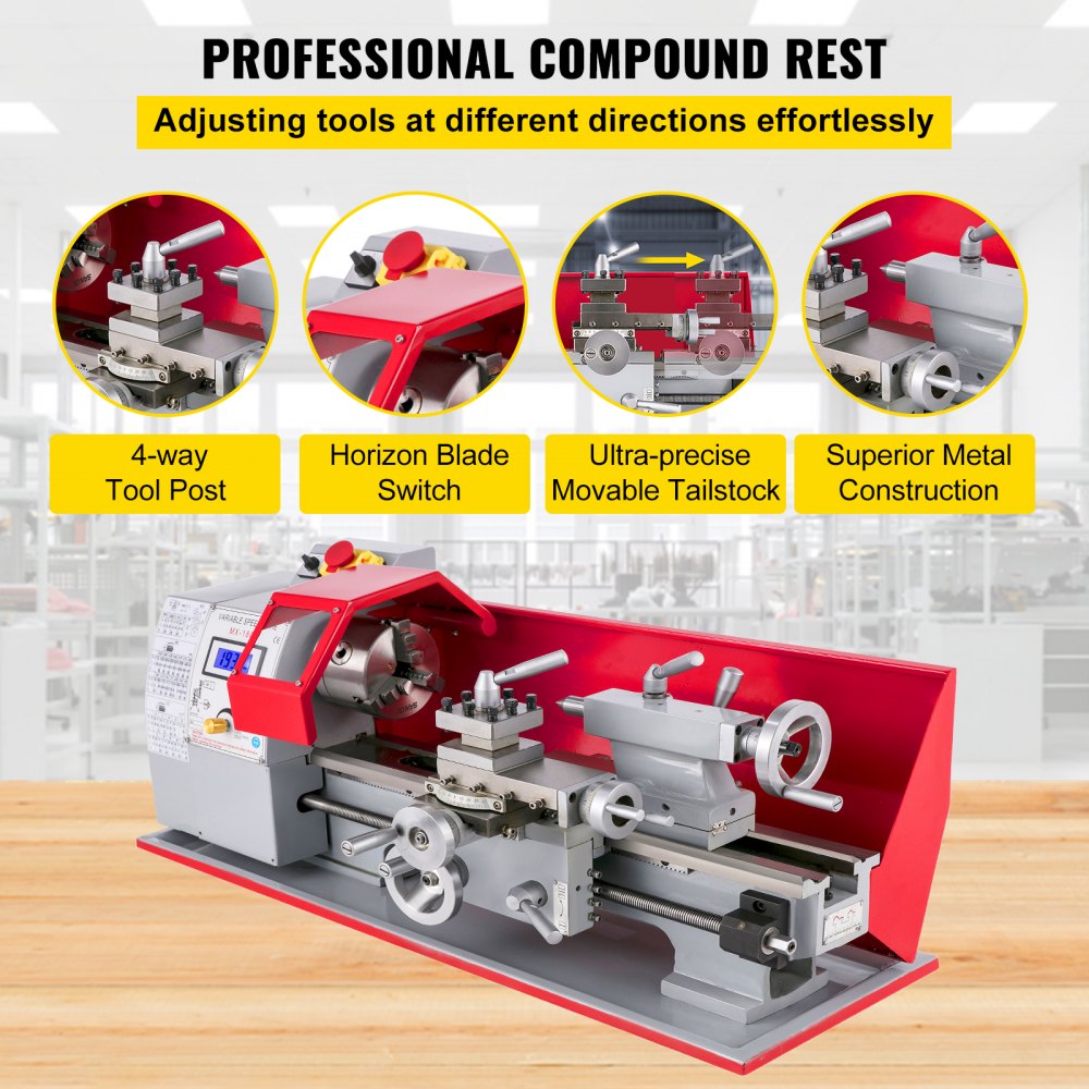 VEVOR Mini-draaibank 180 x 300 mm 600 W metalen draaibank precisie boorkop