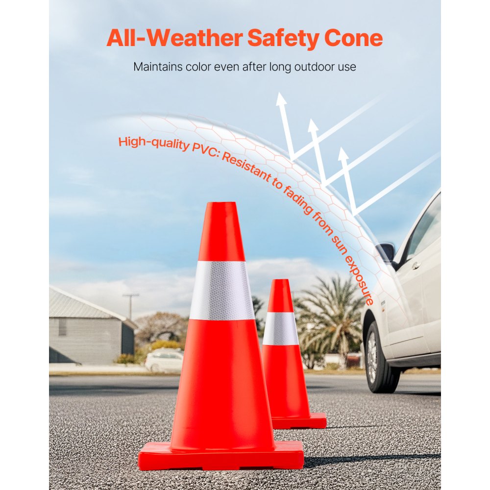 VEVOR 12Pack 18\" Traffic Cones, Safety Road Parking Cones PVC Base, Orange Traffic Cone with Reflective Collars, Hazard Construction Cones for Home Traffic Parking
