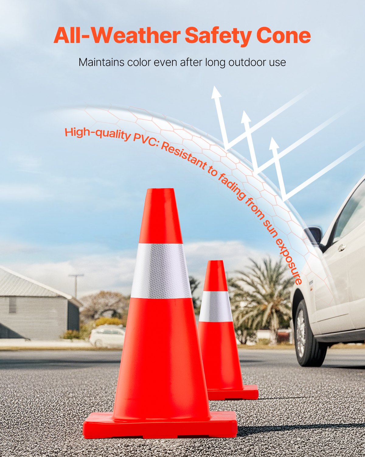 VEVOR 12Pack 18\" Traffic Cones, Safety Road Parking Cones PVC Base, Orange Traffic Cone with Reflective Collars, Hazard Construction Cones for Home Traffic Parking