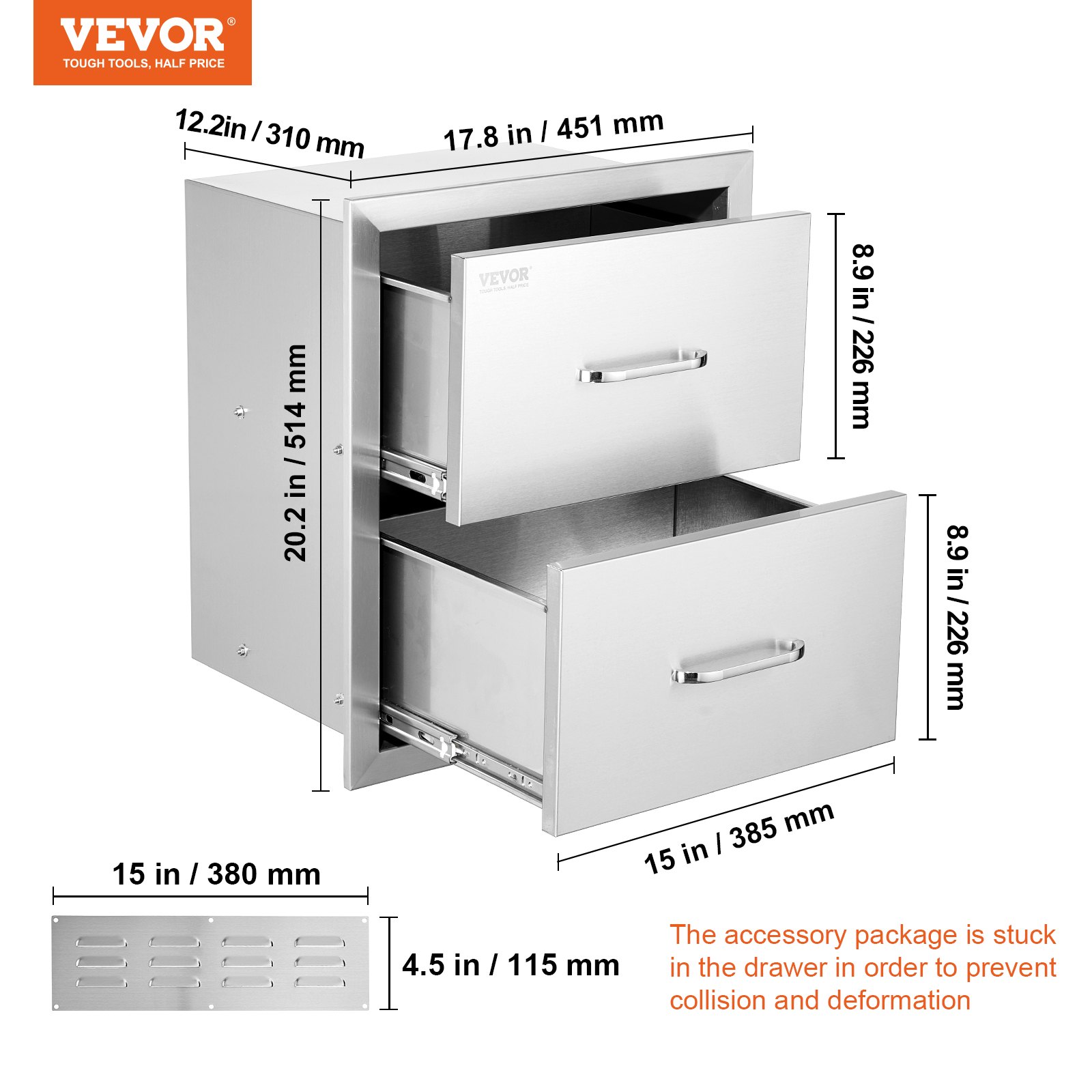 VEVOR Buitenkeuken Laden Vlakke Inbouw Dubbele Grill Laden Gemaakt van Roestvrij Staal met Handvat, Grill Eiland Laden voor Buitenkeukens of Patio Grill Stations 451 x 514 x 310 mm