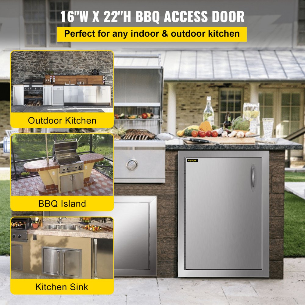 VEVOR BBQ doors 41x57cm cabinet doors fireplace door vertical with 1 inspection door cleaning door stainless steel for outdoor kitchen bathroom