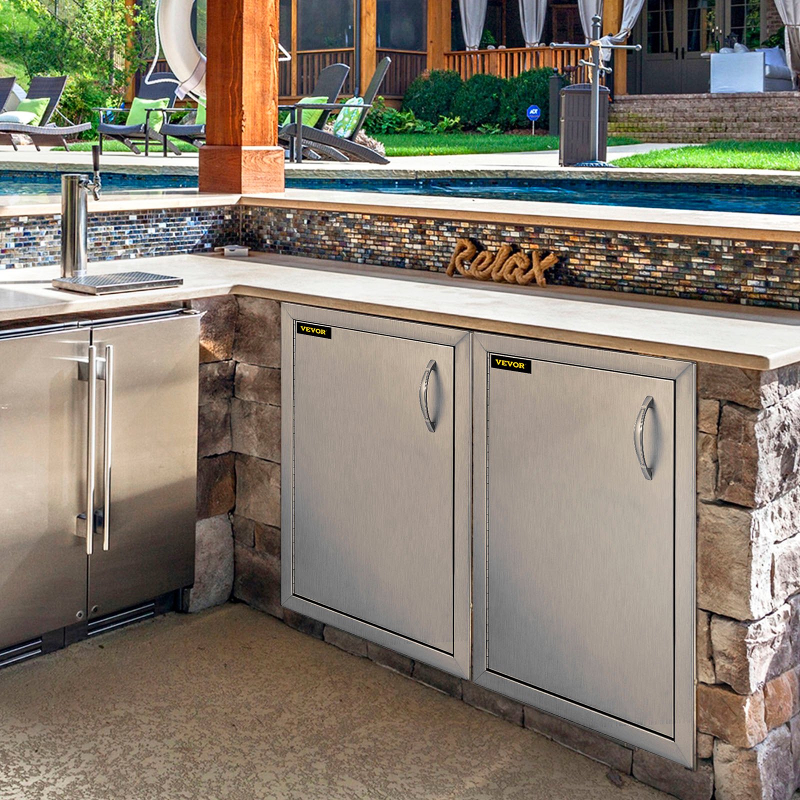 VEVOR BBQ doors 41x57cm cabinet doors fireplace door vertical with 1 inspection door cleaning door stainless steel for outdoor kitchen bathroom