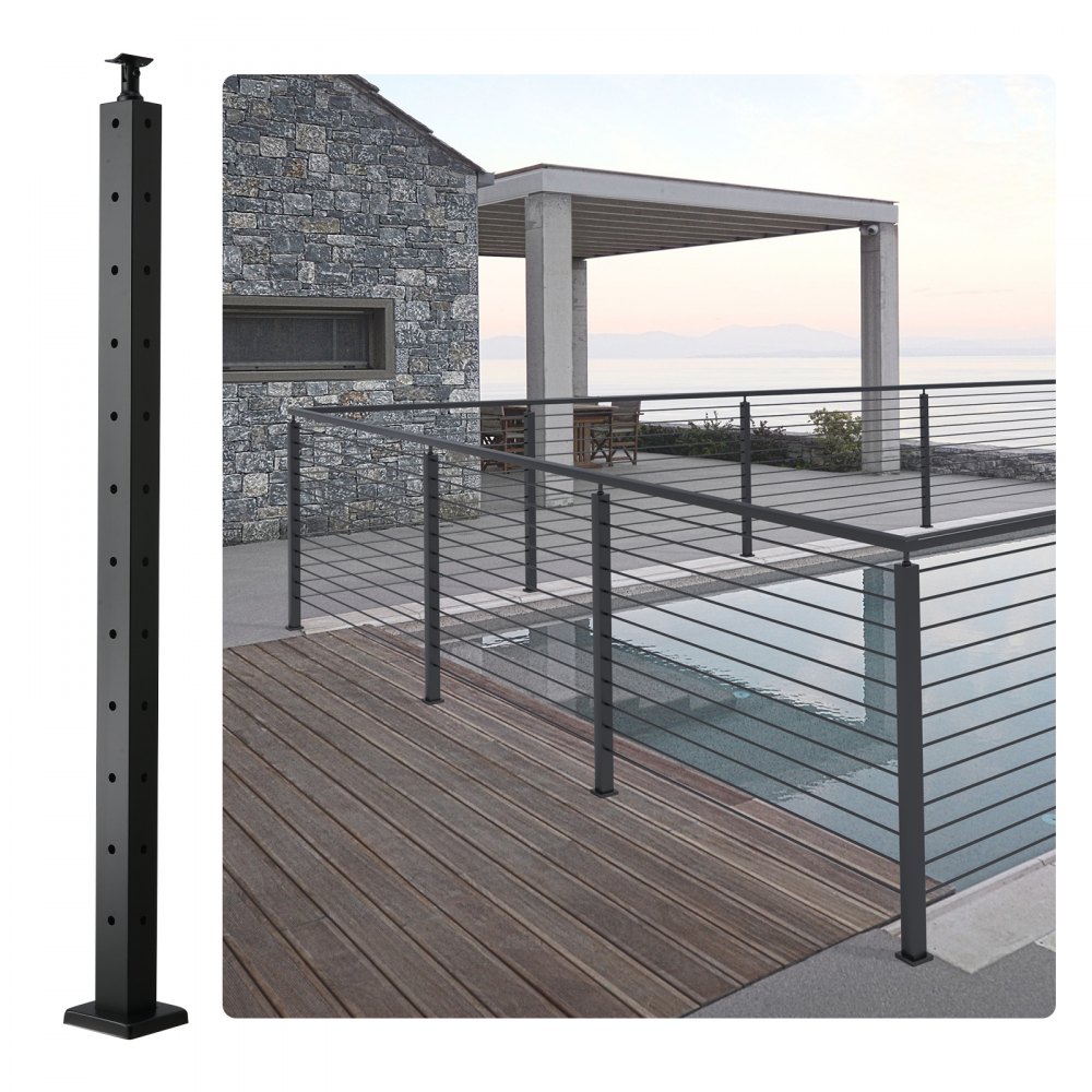 VEVOR cable railing post installed on a wooden deck with a stunning ocean view background.