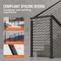 VEVOR cable railing post compliant spacing design for residential and commercial projects with measurements.