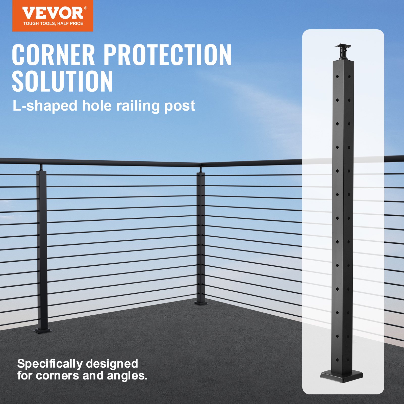 VEVOR Cable Railing Post, 42" x 2" x 2" Steel L-Shaped Hole Corner Railing Post, 12 Pre-Drilled Holes, SUS304 Stainless Steel Cable Rail Post with Horizontal and Curved Bracket, 1JZLGZ106755UOBB9V0