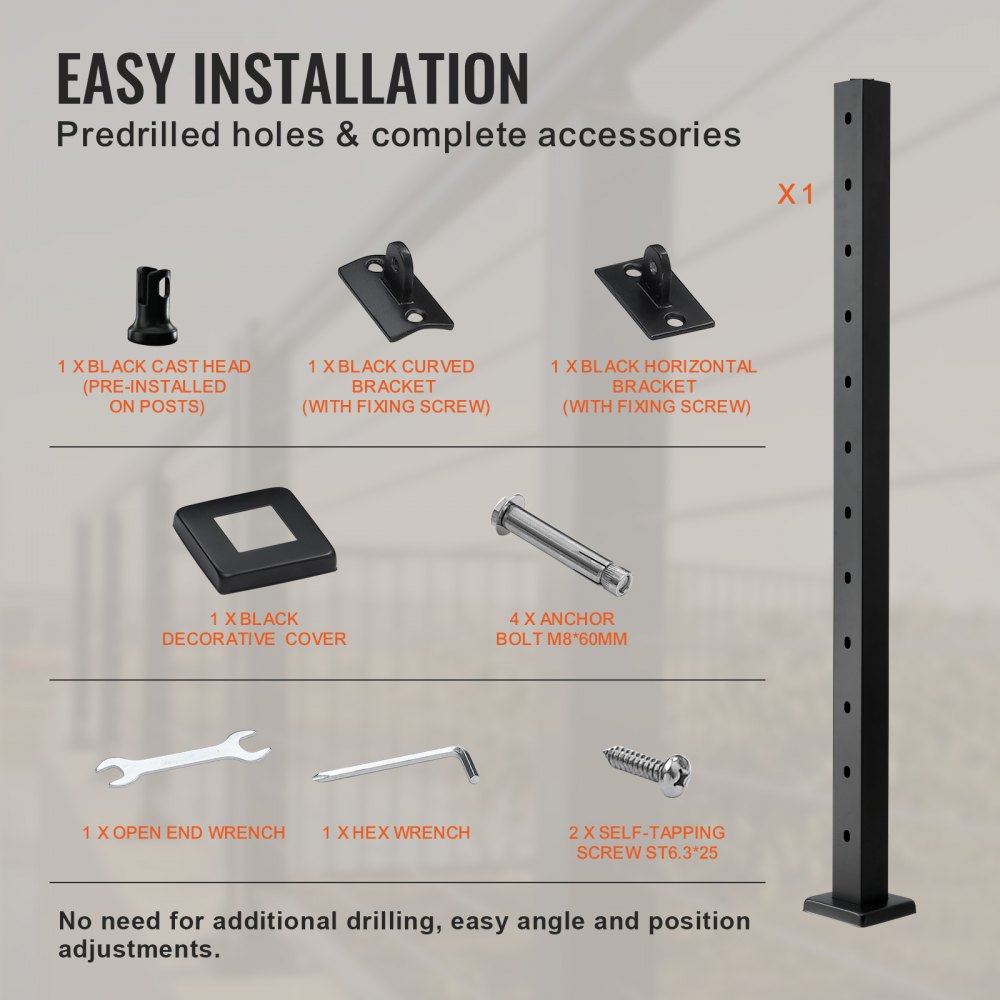 VEVOR Cable Railing Post, 42" x 2" x 2" Steel 30° Angled Hole Stair Railing Post, 12 Pre-Drilled Holes, SUS304 Stainless Steel Cable Rail Post with Horizontal and Curved Bracket, 1JZLGZ106755Y9XMJV0