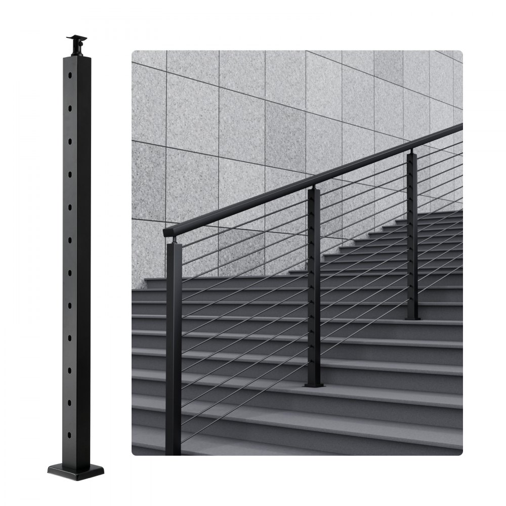 VEVOR cable railing post installed on modern gray stairs with horizontal cable railing.