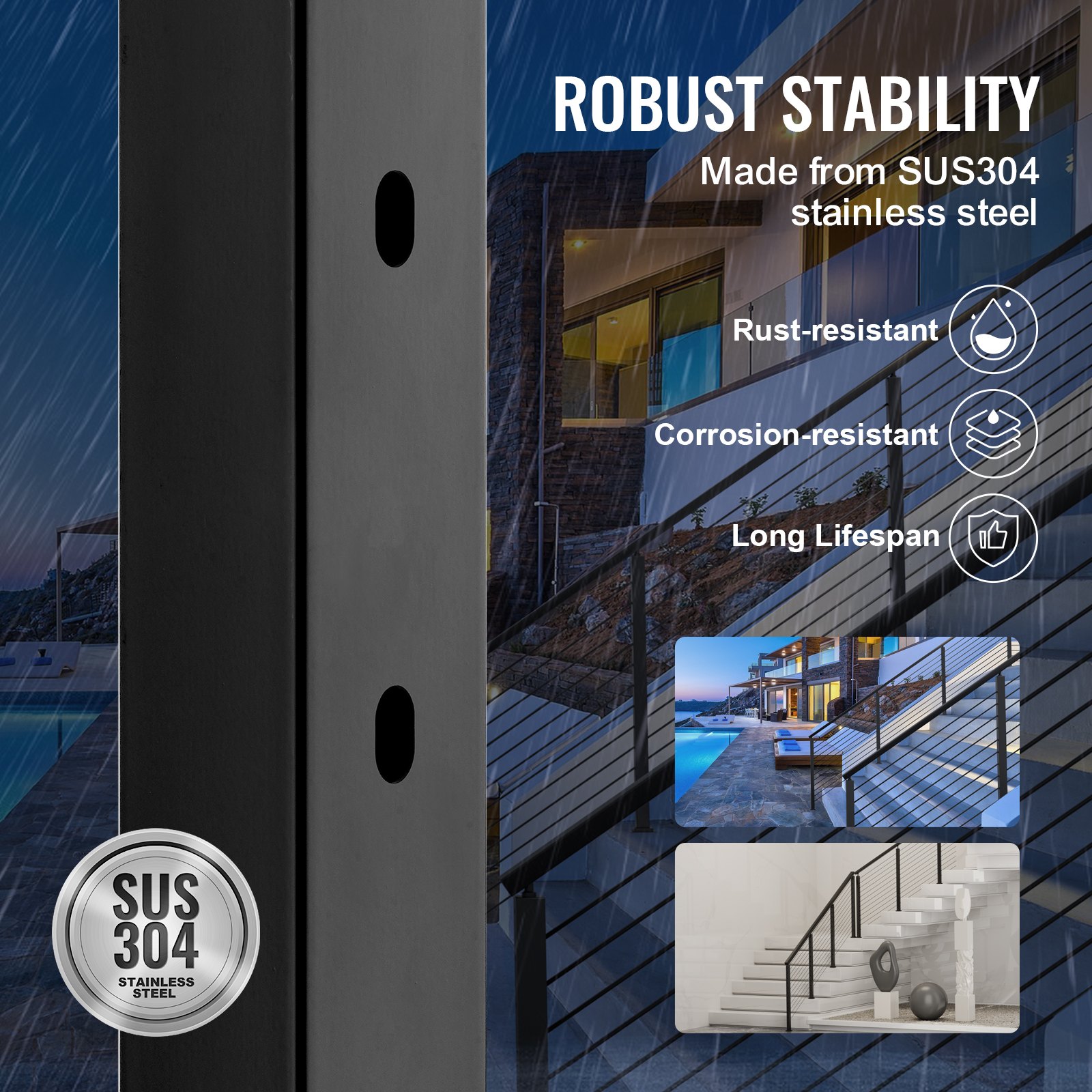 VEVOR Cable Railing Post, 42" x 2" x 2" Steel 30° Angled Hole Stair Railing Post, 12 Pre-Drilled Holes, SUS304 Stainless Steel Cable Rail Post with Horizontal and Curved Bracket, 1JZLGZ106755Y9XMJV0