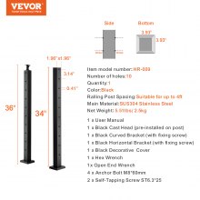 VEVOR relingpaal 91,44x5,08x5,08cm horizontale gatpaal zwart 1 stuk.