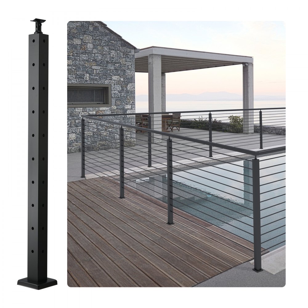 black VEVOR cable railing post on a wooden deck with ocean view stone house and modern pergola in background.