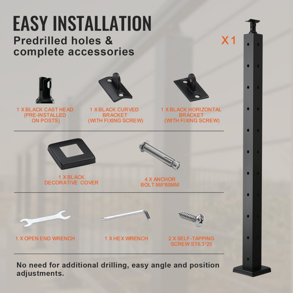 VEVOR Cable Railing Post, 36" x 2" x 2" Steel L-Shaped Hole Corner Railing Post, 11 Pre-Drilled Holes, SUS304 Stainless Steel Cable Rail Post with Horizontal and Curved Bracket, 1JZLGZ91455HVMLPYV0