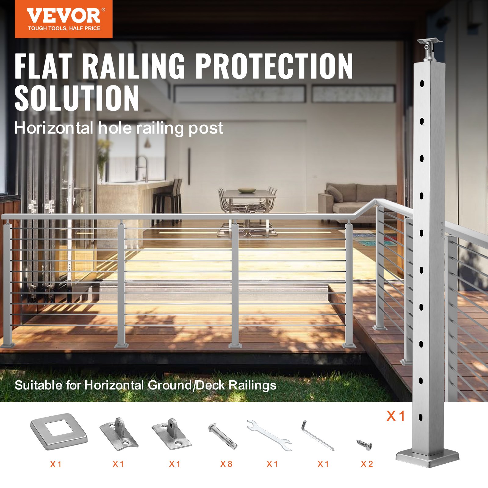 VEVOR Cable Railing Post, 36" x 2" x 2" Steel Horizontal Hole Deck Railing Post, 10 Pre-Drilled Holes, SUS304 Stainless Steel Cable Rail Post with Horizontal and Curved Bracket, 1JZLGZ91455YMDM3LV0