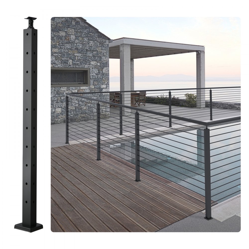 modern terrace with VEVOR cable railing post overlooking a pool, featuring sleek black railings.