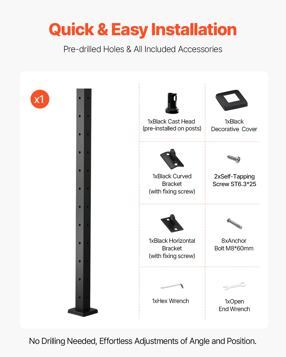 VEVOR Cable Railing Post, 42x2x2 Inch Corner Railing Post, with L-Shaped Pre-Drilled Holes, Stainless Steel Cable Rail Post with Horizontal and Curved Bracket, 1-Pack, Black, 1JZLGZXHS1065S1EW001V0