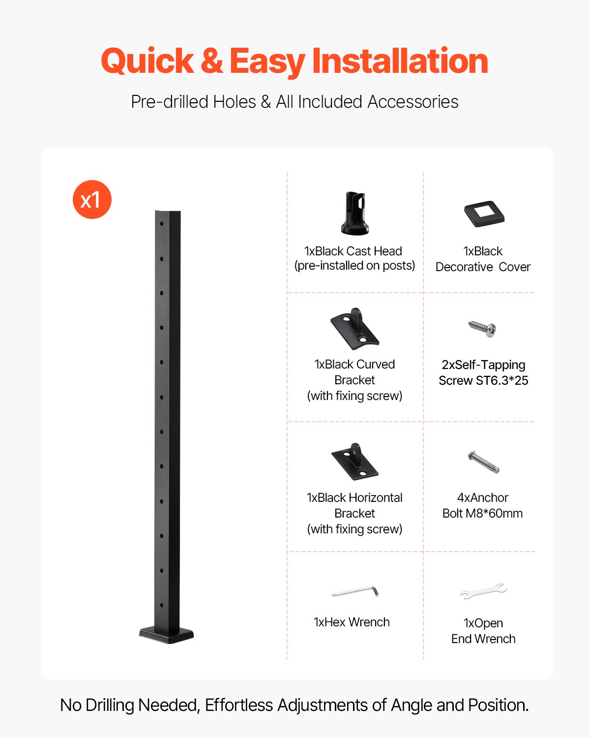 VEVOR Cable Railing Post, 42x2x2 Inch Level Deck Stair Posts, 1-Pack Stainless Steel Cable Handrail Post, Pre-Drilled Pickets with Mounting Bracket Stair Railing Kit, Black, 1JZLGZXHS106AWJO6001V0