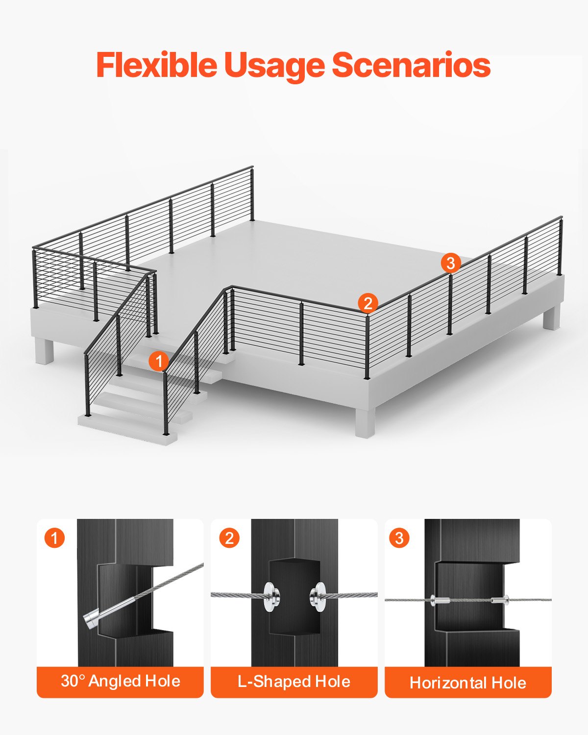VEVOR Cable Railing Post, 42x1x2 Inch Stair Railing Post, with Pre-Drilled 30° Angled Holes, Stainless Steel Cable Rail Post with Horizontal and Curved Bracket, 1-Pack, Black, 1JZLGZXHS106VRA3X001V0