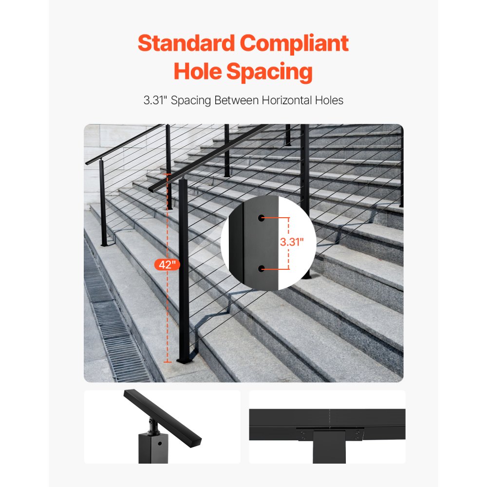 VEVOR Cable Railing Post, 42x2x2 Inch Stair Railing Post, with Pre-Drilled 30° Angled Holes, Stainless Steel Cable Rail Post with Horizontal and Curved Bracket, 1-Pack, Black, 1JZLGZXHS106W3XAA001V0