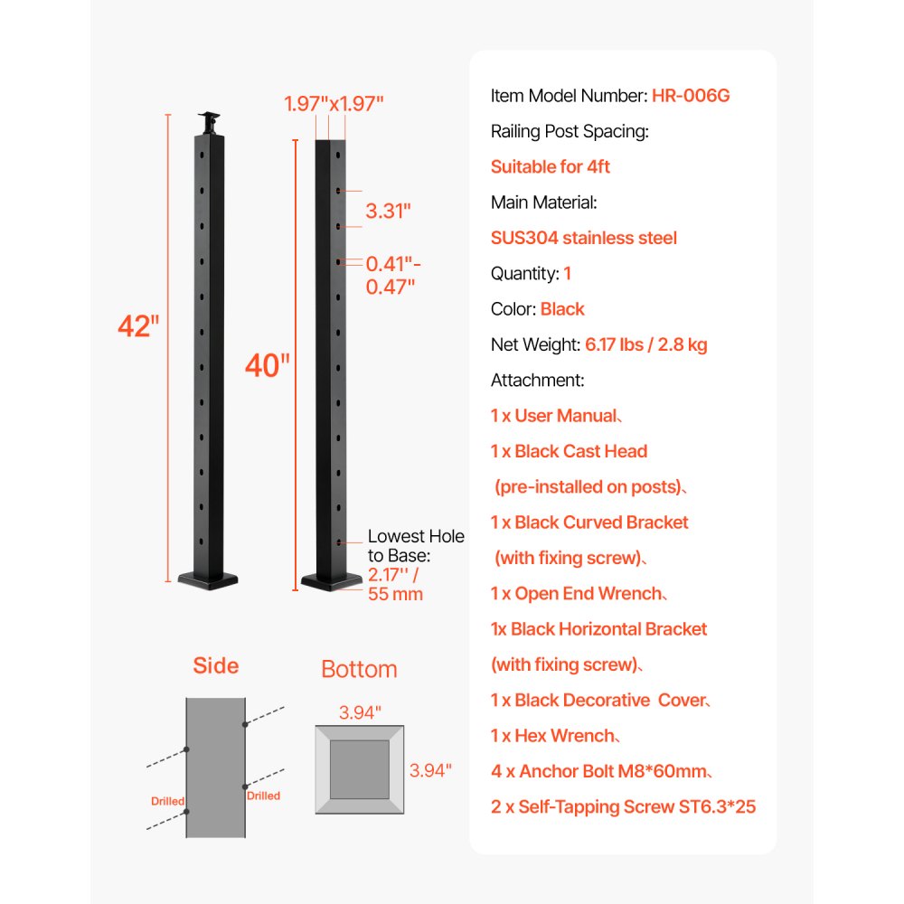 VEVOR kabelleuningpaal, 1067x50,8x50,8 mm, kabelleuningpaal voor trapleuningen met voorgeboorde gaten van 30°, roestvrij staal SUS304, voor leuningen en balustrades, zwart, 1JZLGZXHS106W3XAA001V0