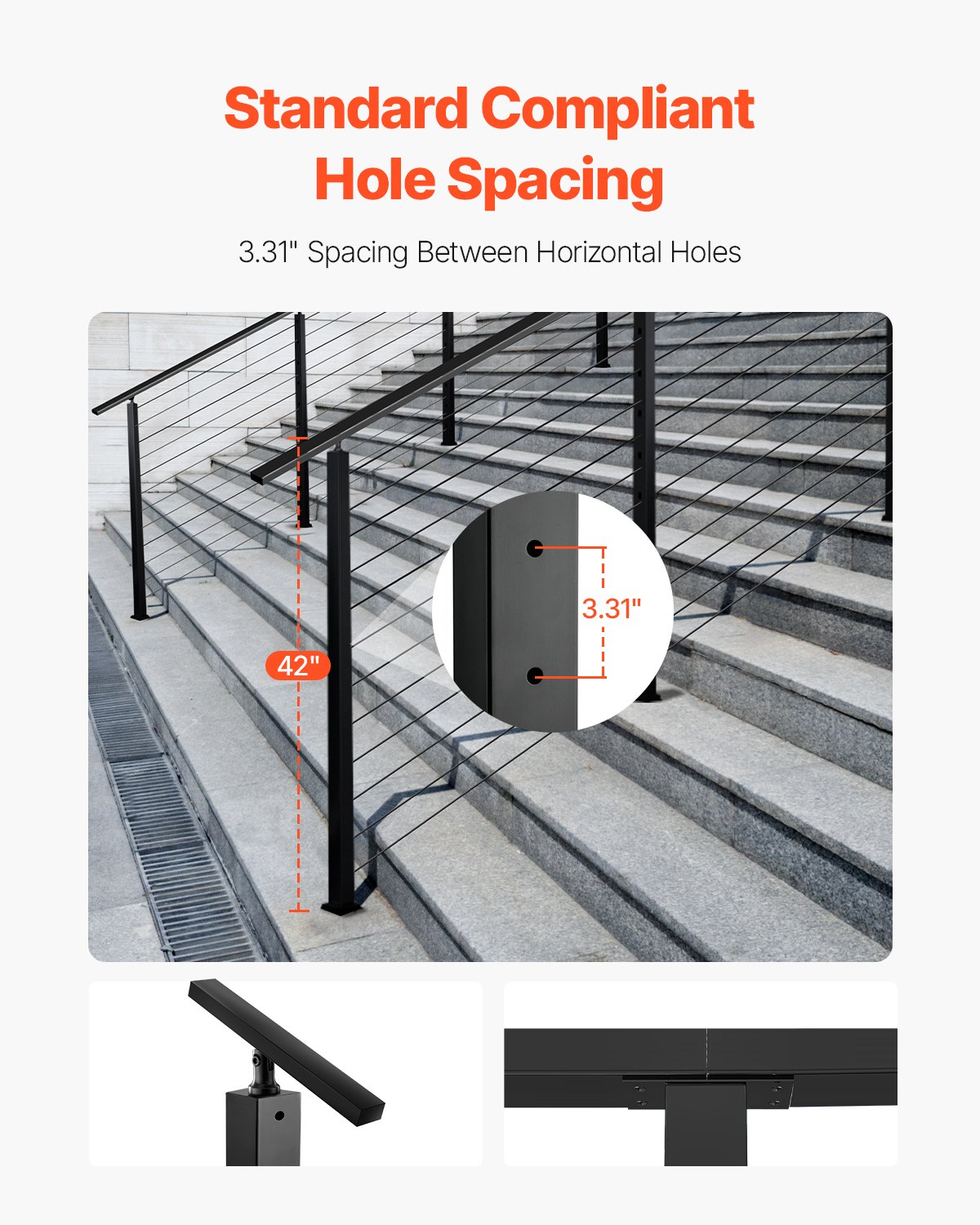 VEVOR Cable Railing Post, 42x2x2 Inch Stair Railing Post, with Pre-Drilled 30° Angled Holes, Stainless Steel Cable Rail Post with Horizontal and Curved Bracket, 1-Pack, Black, 1JZLGZXHS106W3XAA001V0