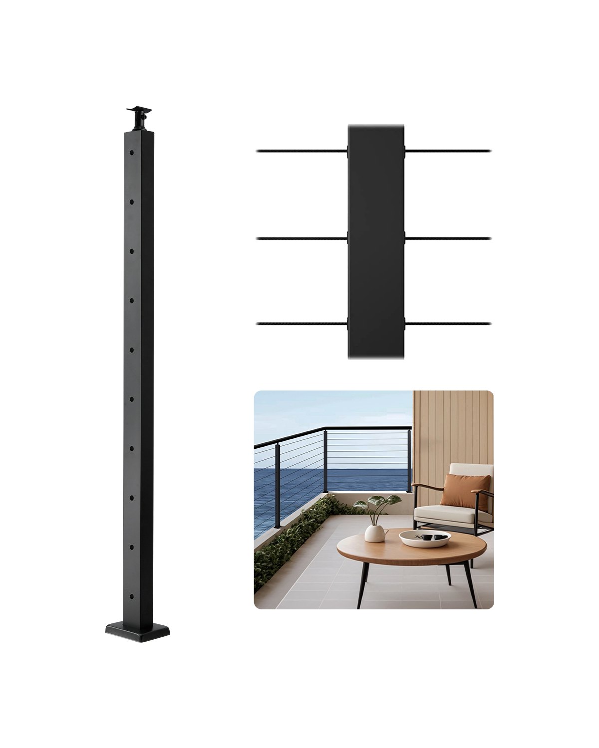 VEVOR 1-Pack Cable Railing Post, 36x2x2 In Horizontal-Hole Deck Railing Post with Pre-Drilled Holes, Stainless Steel Cable Rail Post with Horizontal and Curved Bracket, Black, 1JZLGZXHS9148RVYS001V0