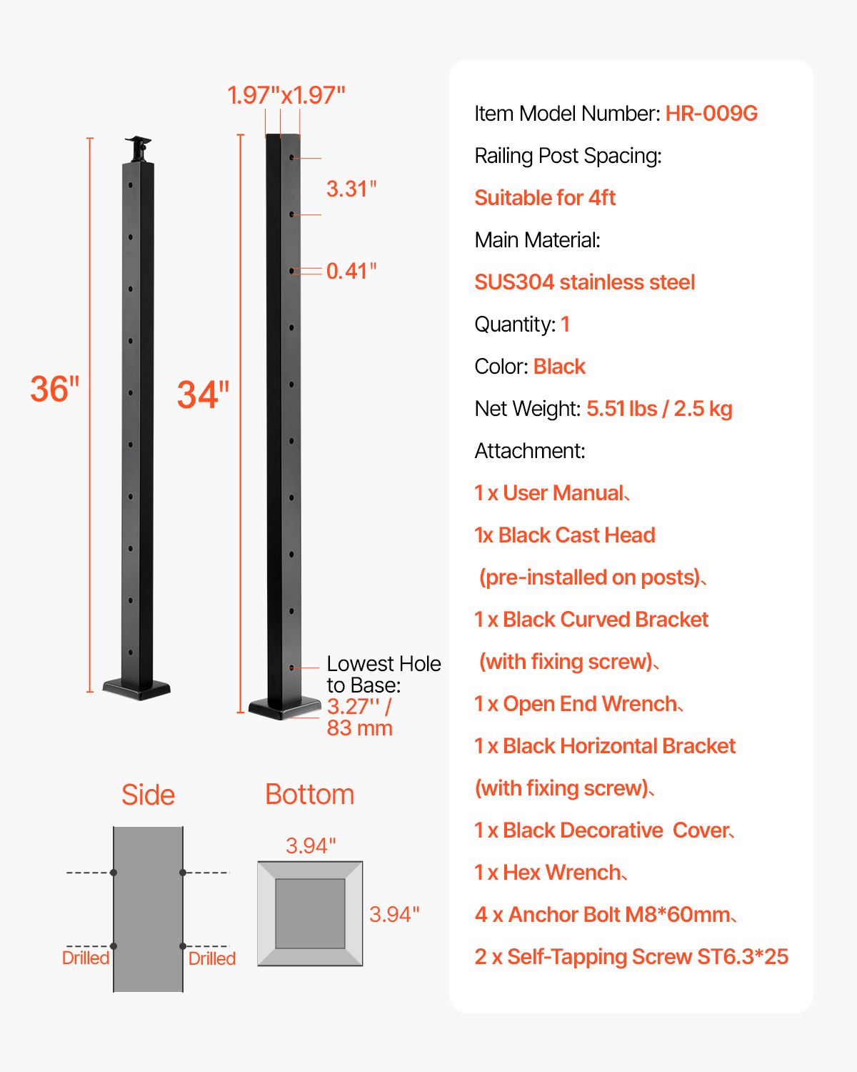 VEVOR 1-Pack Cable Railing Post, 36x2x2 In Horizontal-Hole Deck Railing Post with Pre-Drilled Holes, Stainless Steel Cable Rail Post with Horizontal and Curved Bracket, Black, 1JZLGZXHS9148RVYS001V0