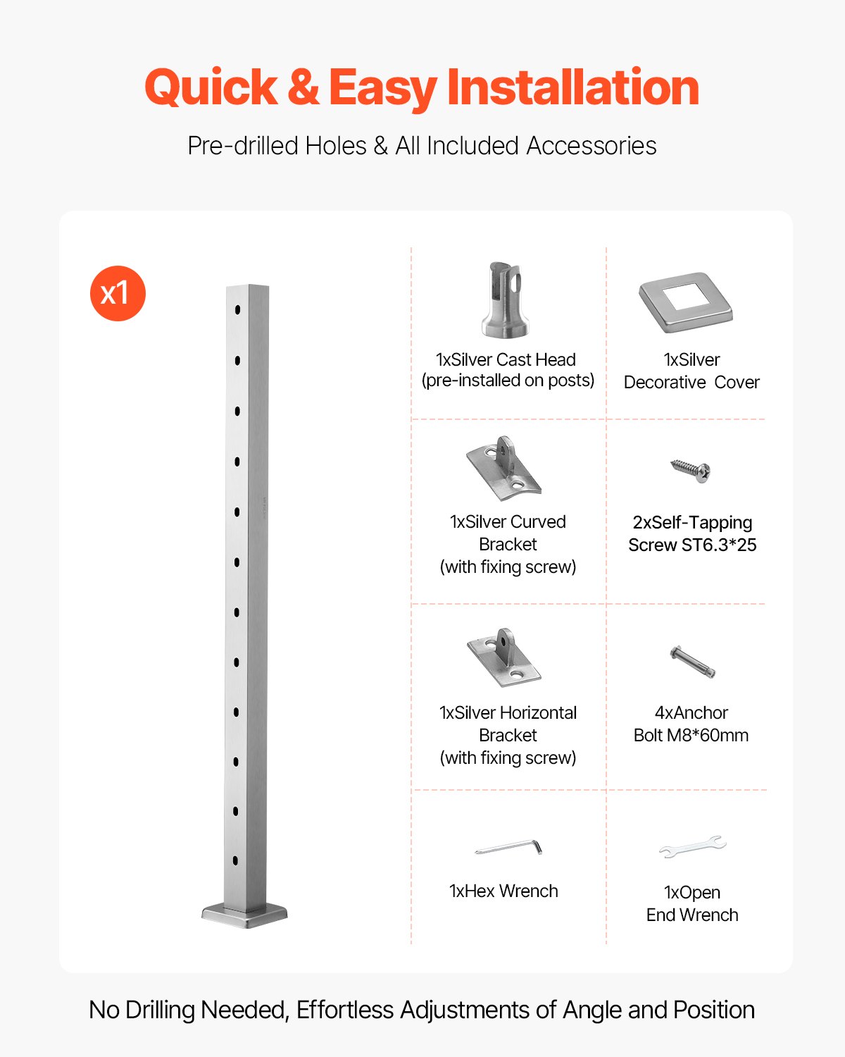 VEVOR Cable Railing Post, 42x2x2 Inch Stair Railing Post, with Pre-Drilled 30° Angled Holes, Stainless Steel Cable Rail Post with Horizontal and Curved Bracket, 1-Pack, Silver, 1JZLGZXYS1062TLWC001V0