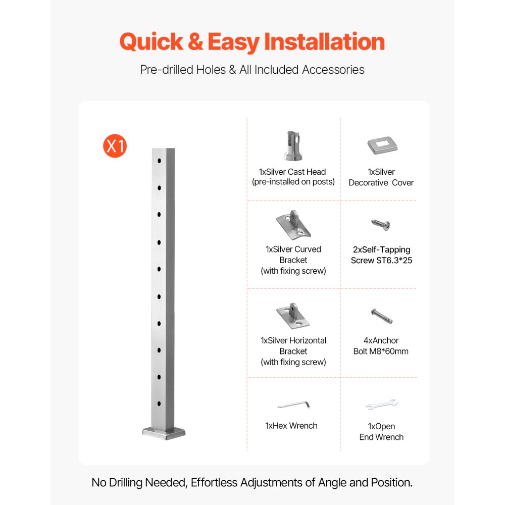 VEVOR Cable Railing Post, 36x1x2 Inch Level Deck Stair Posts, 1-Pack Stainless Steel Cable Handrail Post, Pre-Drilled Pickets with Mounting Bracket Stair Railing Kit, Silver, 1JZLGZXYS914I4BDB001V0
