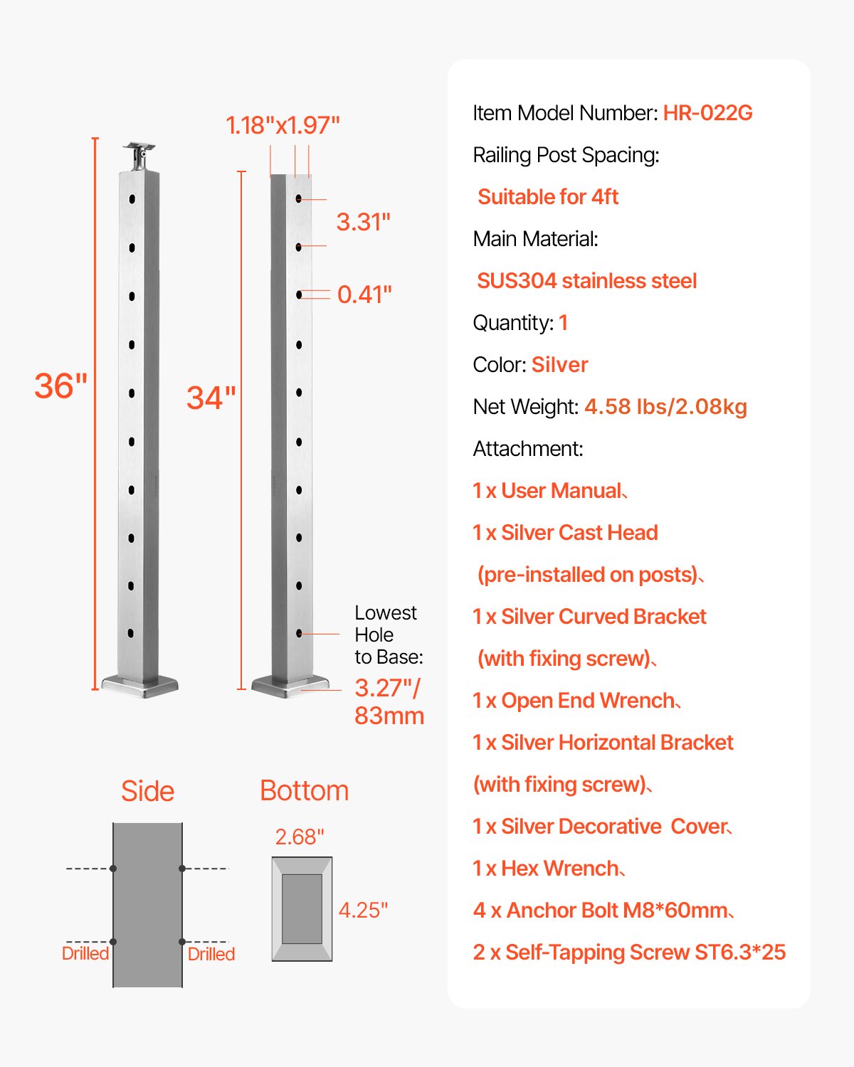 VEVOR Cable Railing Post, 36x1x2 Inch Level Deck Stair Posts, 1-Pack Stainless Steel Cable Handrail Post, Pre-Drilled Pickets with Mounting Bracket Stair Railing Kit, Silver, 1JZLGZXYS914I4BDB001V0