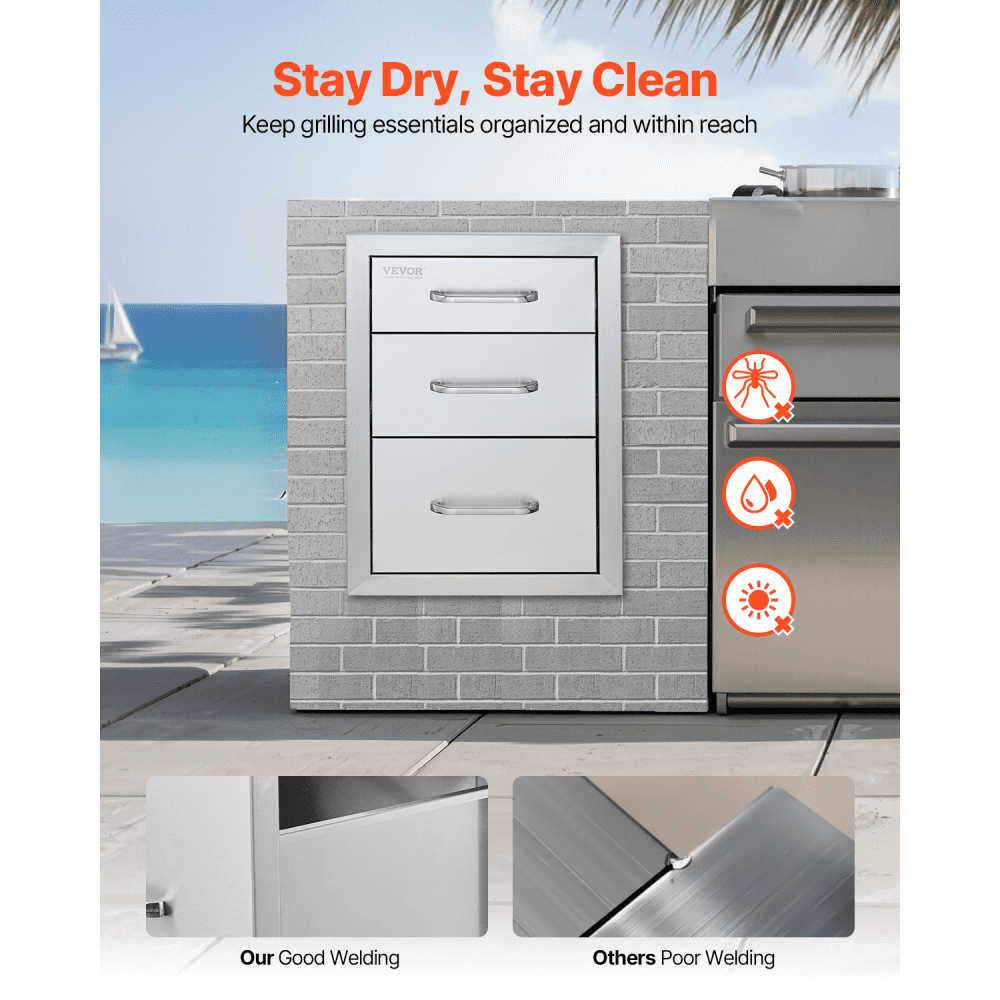 VEVOR Outdoor Kitchen Drawers 14\" W x 20.3\" H x 23\" D, Flush Mount Triple Access BBQ Drawers Stainless Steel with Handle, BBQ Island Drawers for Outdoor Kitchens or Patio Grill Station