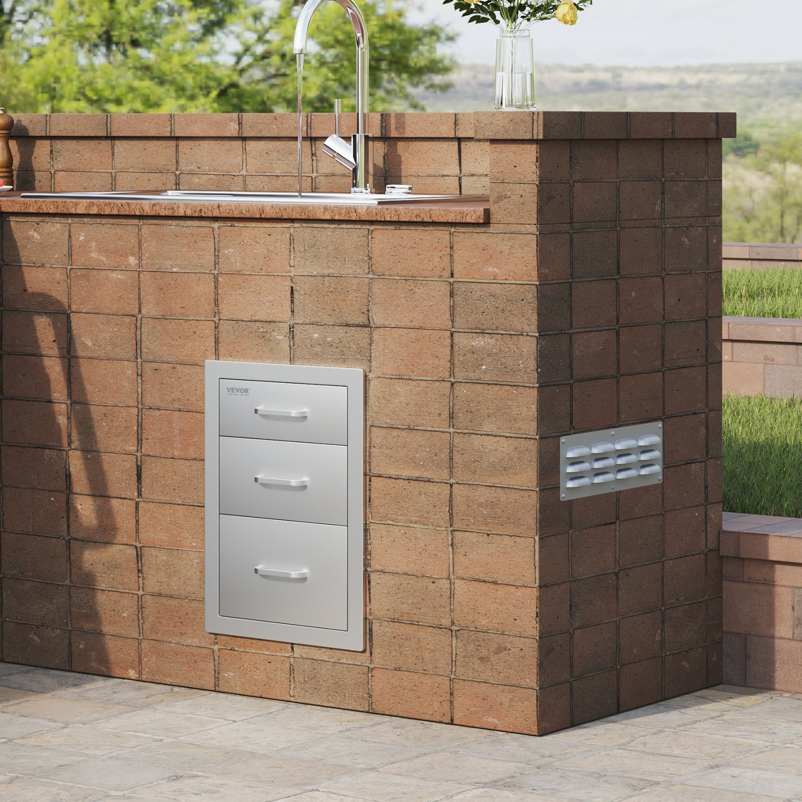 VEVOR Outdoor Kitchen Drawers 14\" W x 20.3\" H x 23\" D, Flush Mount Triple Access BBQ Drawers Stainless Steel with Handle, BBQ Island Drawers for Outdoor Kitchens or Patio Grill Station