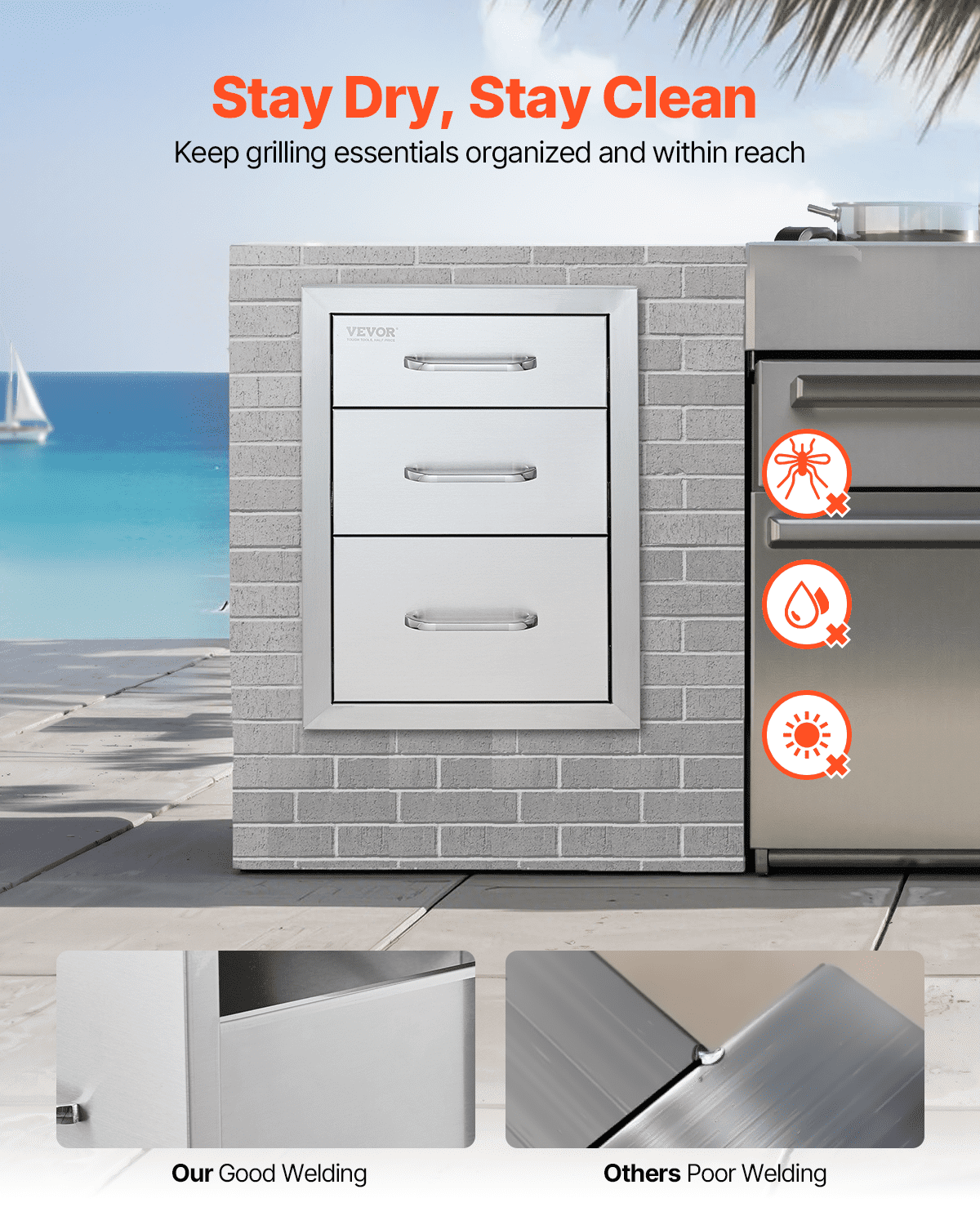 VEVOR Outdoor Kitchen Drawers 14\" W x 20.3\" H x 23\" D, Flush Mount Triple Access BBQ Drawers Stainless Steel with Handle, BBQ Island Drawers for Outdoor Kitchens or Patio Grill Station