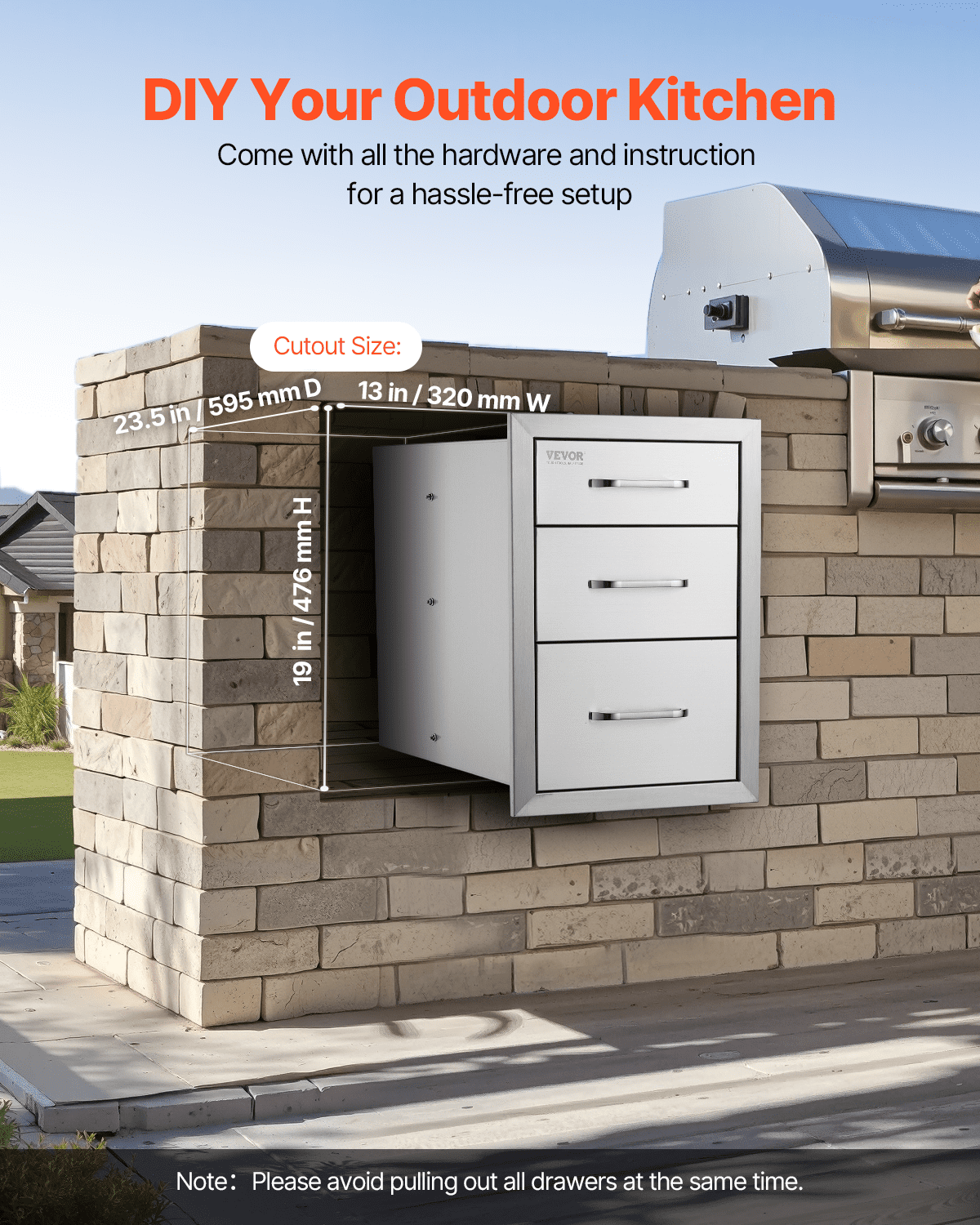 VEVOR Outdoor Kitchen Drawers 14\" W x 20.3\" H x 23\" D, Flush Mount Triple Access BBQ Drawers Stainless Steel with Handle, BBQ Island Drawers for Outdoor Kitchens or Patio Grill Station
